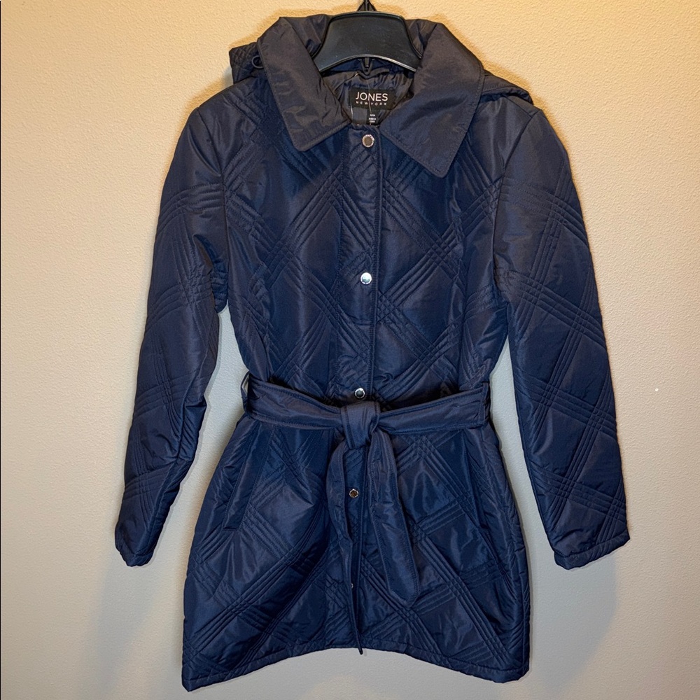 Jones New York NWT Navy Blue Quilted Hooded Jacket Belted Parka Coat NEW Small
